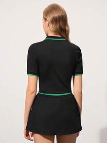 CourtClass 2PCS Women Casual Sports Button-Up Short Sleeve Top & Skort Set Two Piece Tennis Skirt Set Athletic Skirt Set Golf Skirt Set Golf Women Dress - Black - View 2