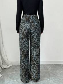 Rafferiza Leopard Print Straight Leg Casual High Waist Loose Wide Leg Cargo Pants - Green - View 2