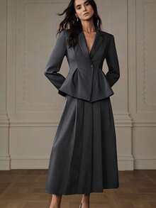 Aveloria Modichic 两件套：长袖西装外套和A字百褶裙，优雅的办公室着装 - 灰色 - 查看 6
