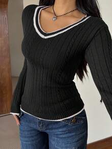 SHEIN EZwear Women's Casual Ribbed Trim Fitted Twist Knit V-Neck Sweater, Autumn Cable Knit Sweater Long Sleeve V-Neck Top,Fall Ribbed Top Knit Top Women Women Long Sleeve Tops Long Sleeve Black Top - Black and White - View 4