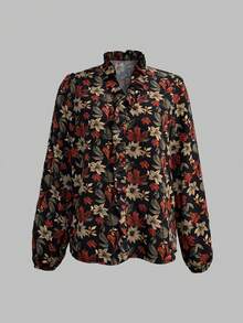 LanaWest Women's Casual Vacation Style All-Over Print Ruffle Trim Lantern Sleeve Loose Blouse, Spring/Autumn - Multicolor - View 4