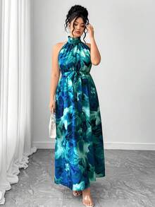 Elenzga 大码女士扎染印花无袖连衣裙，收腰设计，立领，简约时尚，适合通勤穿着。 - 彩色 - 查看 7