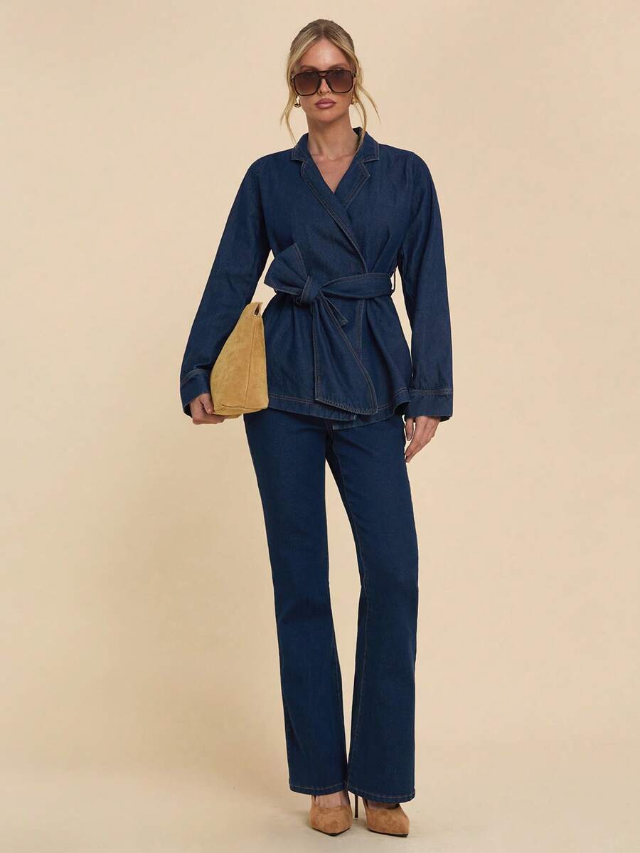 COSMINA 女式纯色简约长袖上衣和牛仔裤套装，休闲日常穿着 - 藍色 - 查看 1