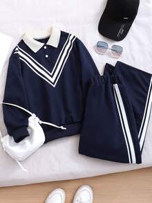 两件套女童休闲简约Polo领卫衣套装，袖口和裤腿侧边饰有白色织带，正面有刺绣装饰，适合上学、外出、散步等场合。 - 藍色 - 查看 3