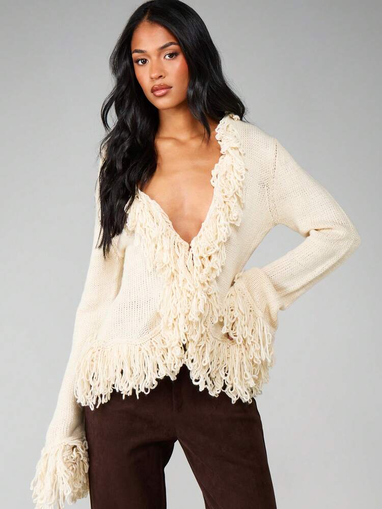 MISSGUIDED Cream Fringe Detail Cardigan Sweater Deep V Neck Long Sleeve Textured Knit Fall Winter Layer Piece