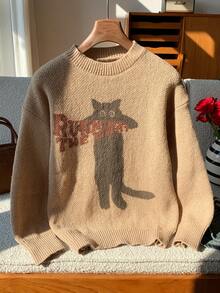 Attitoon 可爱猫咪图案圆领套头毛衣，适合秋冬季穿着