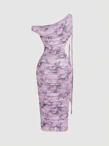 SHEIN MOD Women's Floral Print Asymmetric Midi Dress - Lilac Purple - View 2