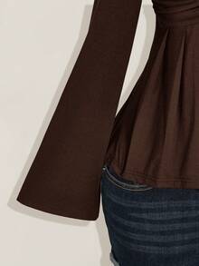 SHEIN ICON 大码女式黑色胸前扭结针织上衣，娃娃衫针织上衣，Y2K风格服装，毕业季返校季秋季服装，可爱女式上衣，娃娃衫 - 棕色 - 查看 7