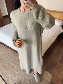 Dazy Plus 大码女式宽松纯色罗纹长款睡袍，休闲家居服 - 橄欖綠 - 查看 5