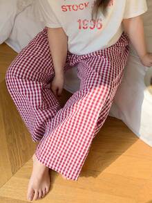 Dazy Plus 大码女式格子休闲宽松直筒睡裤，松紧腰，春秋季睡衣 - 紅色 - 查看 6