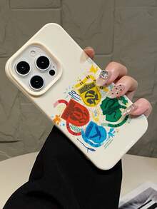 HARRY POTTER X SHEIN 1 pieza Funda de teléfono de alta gama con logotipo de dibujos animados de colores múltiples, diseño de moda simple blanco con orificios precisos anti-caídas, regalo para Halloween y Navidad compatible con iPhone 17/16/15/14/13/12/11 y Galaxy S25/24/23 - Blanco - Ver 5