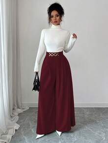 Selianne New Women High Waist Side Zipper Decor Button Design Flared Leg Casual Elegant Trousers, Suitable For Spring And Autumn