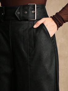 Anewsta 女士高腰阔腿 PU 皮革裤，黑色，商务休闲新款，适合万圣节和春季穿着 - 黑色 - 查看 4