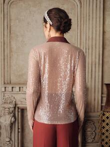 Anewsta Commuting College Sequins Embroidery Turndown Collar Long Sleeve Partial Placket Women Shirt - Khaki - View 2