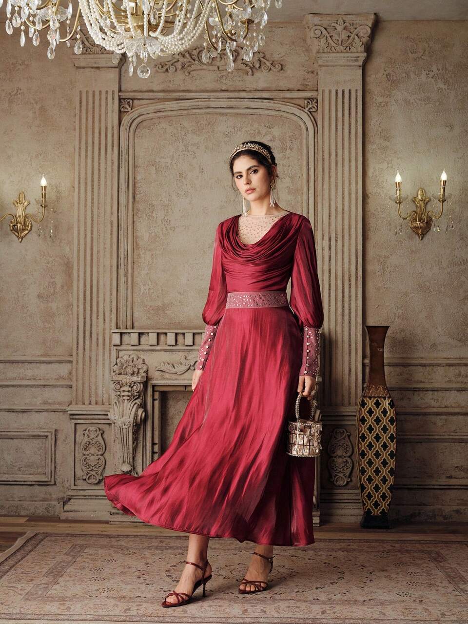 Anewsta Women's New Embroidered Elegant Dress, Burgundy, Mesh Inlay, Rhinestone Decor, Long Sleeve, Suitable For Spring/Summer