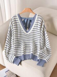CosyJoli 大码女式V领蝴蝶结露背休闲宽松针织毛衣