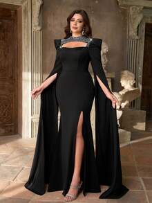 Aureia Plus Size Elegant& Black Spring Formal Evening Prom Gown,Silver Rhinestone Trim, Hollow-Out,Extra Long Flutter Sleeves,High Side Slit - Black - View 2