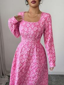 Rafferiza Robe longue à manches longues Raffinéa, élégante et romantique, avec un motif floral texturé. Tissu jacquard gaufré. Convient pour les réunions entre sœurs, les rendez-vous de couple, une tenue élégante et romantique. - Rose bonbon - Voir 6