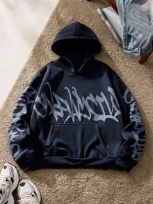 Manfinity Unisex Men's Casual Printed Pocket Long Sleeve Hoodie - Black - View 2