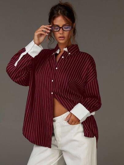 Athîral เสื้อเชิ้ตลำลองแขนยาวไหล่ตก ลายทาง สำหรับผู้หญิง กระดุมแถวเดียว ทรงหลวม, เสื้อเชิ้ตติดกระดุมสำหรับผู้หญิง, เสื้อเชิ้ตติดกระดุมขนาดใหญ่สำหรับผู้หญิง, เสื้อเชิ้ตขนาดใหญ่สำหรับผู้หญิง, เสื้อเชิ้ตลายทาง, เสื้อเชิ้ตติดกระดุมลายทางสำหรับผู้หญิง