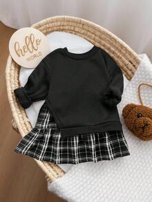 SHEIN 女童卡其色卫衣拼接格子裙卫衣连衣裙，复古时尚百搭休闲日常装 - 黑色 - 查看 3