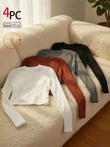 Conjunto de 4 piezas de camisetas de manga larga de cuello redondo de ajuste ceñido de color sólido clásico casual para niñas preadolescentes, adecuado para uso diario, escuela y ocio en primavera/otoño: estilo minimalista, de moda y deportivo, versátil para múltiples ocasiones