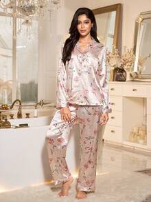 LuxeNights Women's Romantic Floral Print Lapel Collar Long Sleeve Pajama Set, Winter Clothes