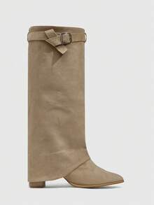 Daringsoles Women's Fashion Pointed Toe Chunky High Heel Knee-High Boots For Christmas - Apricot - View 8