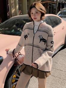DAZY Women's Cartoon Contrast Color Puppy Design Korean Style Cardigan, Autumn/Winter - Pink - View 7