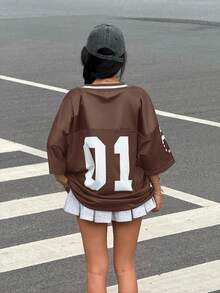 Muchica 休闲运动拼色宽松短袖数码印花落肩T恤 - 棕色 - 查看 2