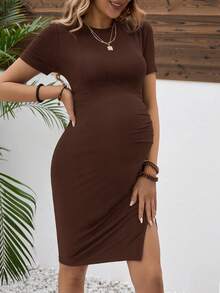 SHEIN Maternity Solid Color Ruched Round Neck Elegant Short Sleeve Bodycon Dress Pregnancy Dress Brown Maternity Dress Brown Dress Women Brown Bodycon Dress Brown Sexy Dress