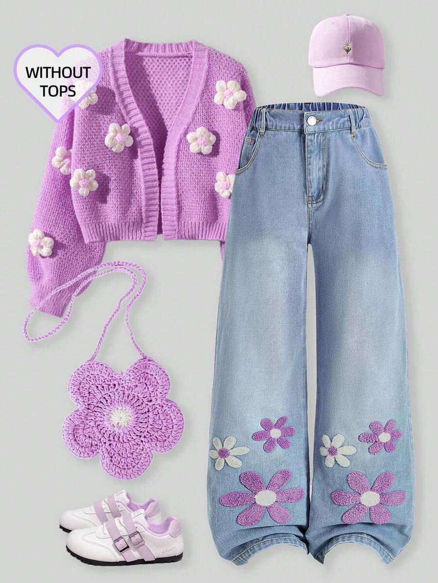 Sparklyn Quần jeans ống rộng thời trang mới cho bé gái tuổi teen, họa tiết bông tuyết rách rưới, thêu hình bướm và hoa, phong cách Y2K, thu đông 2025. Quần ống rộng dáng rộng cho thiếu nữ tuổi teen, phong cách Y2K. - Rửa nhẹ - Xem 1