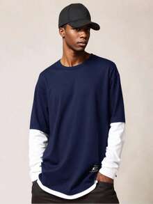 SHEIN Teen Boys' Colorblock 2 In 1 T-Shirt, Casual, Comfortable, Fashionable, Versatile, Soft Fabric, Suitable For Daily Wear, School, Travel, Outdoor Activities, Back To School, Autumn/Winter Blue Teen Shirts Long Sleeve Tops Boys Royal Blue And White Shirt Long Sleeve Shirts - Navy Blue - View 2