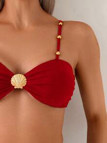 Swim Chiccia 2025 Spring/Summer Women Elegant Vacation Metal Shell Beaded Strap High Waist Tummy Control Bikini Set - Red - View 4