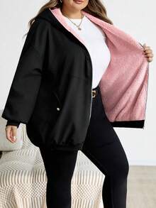 SHEIN CURVE+ Women's Plus Size Black Contrast Color Hooded Fuzzy Lined Jacket, Autumn/Winter Coat Winter Clothes For Women - Black - View 9