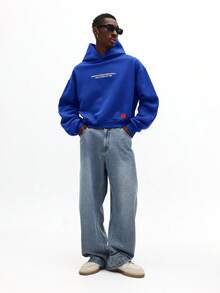 SUMWON 东京文字图案印花套头连帽衫，带前袋，冬季适用 - 寶藍色 - 查看 5