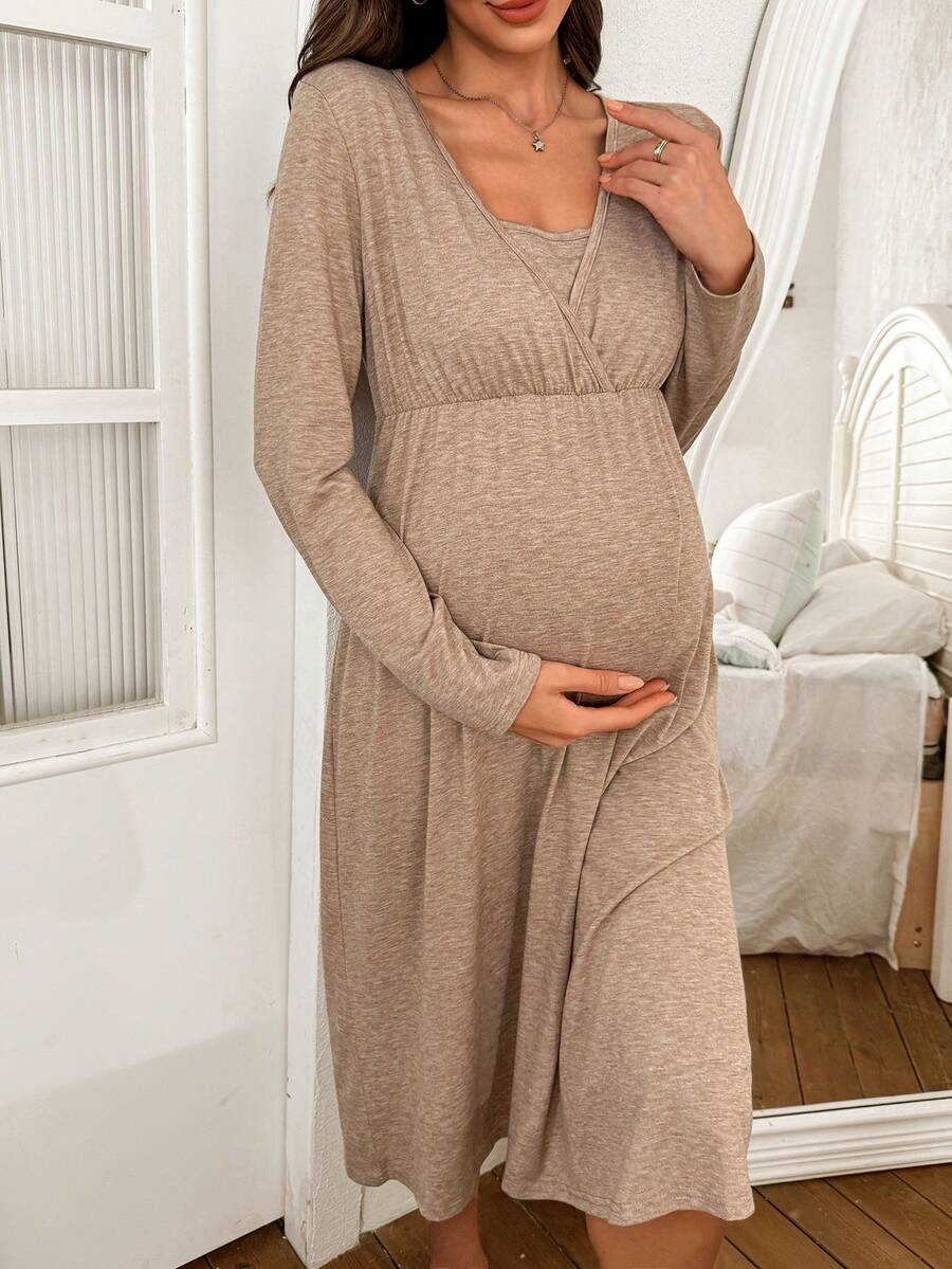 Moonlight&Mama Váy ngủ dài tay cho bà bầu mềm mại và thoải mái - Cà phê nâu - Xem 1
