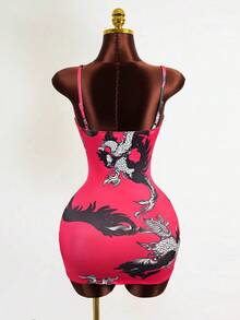 Mistrie Vintage New Chinese Style Dragon Print Slim Fit Mini Dress For Women,Pink Checkered,Summer,Bandage,Night Out Christmas New Year's Eve Beach - Multicolor - View 2