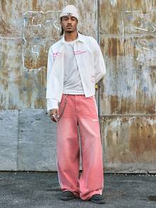 AXEPEAK Men's Casual Contrast Color Side Stripe Pink Jeans - Pink - View 6