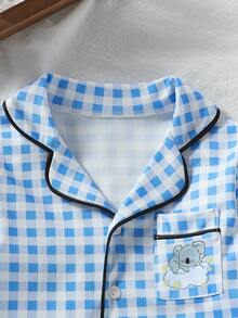 Baby Boys Pajamas-2 Piece Pajama Set Gingham Pajama Set Blue Check Long Sleeve Long Pants Button Front Piped Collar Chest Pocket Cute Animal Patch Soft Breathable Skin Friendly Four Seasons Sleepwear Loungewear Holiday 2026 New Year Essential - Blue - View 3