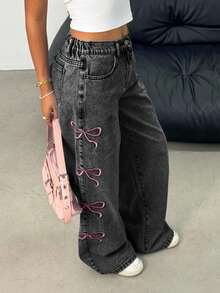 SHEIN 少女口袋蝴蝶结刺绣阔腿宽松休闲牛仔裤 - 淺灰色 - 查看 4