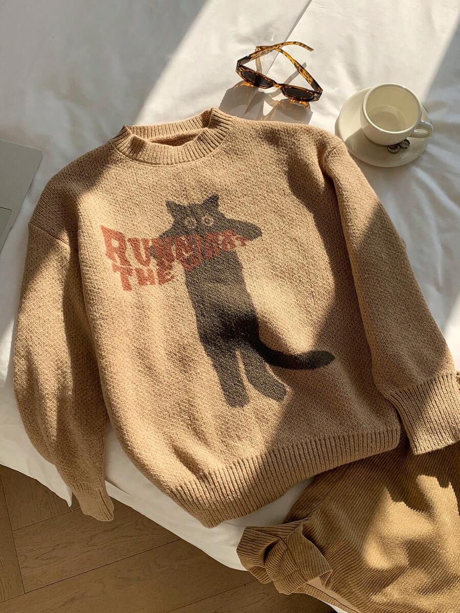 Attitoon 可爱猫咪图案圆领套头毛衣，适合秋冬季穿着