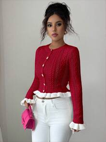 Elenzga Áo khoác cardigan ngắn cổ tròn dệt kim ôm sát mới cho nữ mùa thu, thiết kế nút kim loại, ngọt ngào, đa năng cho các buổi hẹn hò và dịp đặc biệt - Đỏ - Xem 6