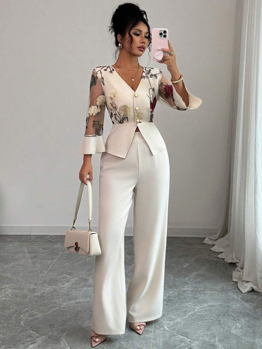 Elenzga Elegantes Set in Große Größen mit floraler Stickerei, transparentem V-Ausschnitt und Langarmoberteil sowie Hose
