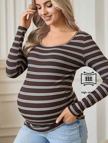 SHEIN Randig, figurnära, långärmad t-shirt för gravida, höst - Brun - Visa 1
