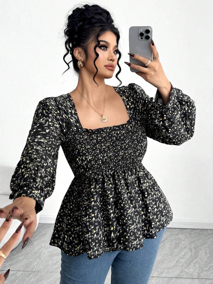 Elenzga 大码女士优雅碎花长袖翻领衬衫 - 黑色 - 查看 1