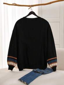 SHEIN CURVE+ Cárdigan informal de talla grande con bloques de color y rayas, otoño/invierno - Negro - Ver 2