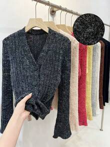 Franclia Women's Dark Grey V-Neck Cardigan With Sequin Accent,Flare Sleeve Short Solid Cardigan For Autumn,Casual School Back-To-School Elegant Button Detail - Black - View 5