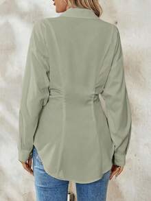 Chiquease 女士优雅度假纯色落肩长袖收腰休闲衬衫 - 綠色 - 查看 2