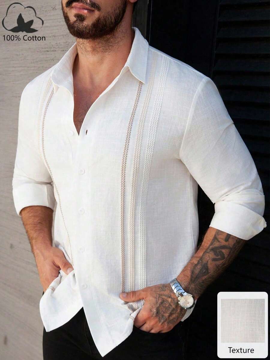 Manfinity Homme قميص رسمي كاجوال بأكمام طويلة وأزرار أمامية للرجال - أبيض - مشاهدة 1